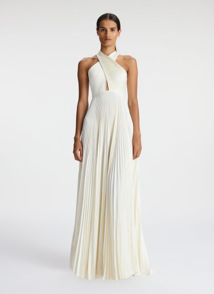 Women A.l.c Athena Satin Pleated Dress Whisper White Dresses